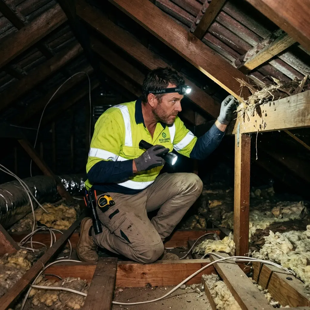 Technician inspecting a roof cavity for a dead animal in Wandong