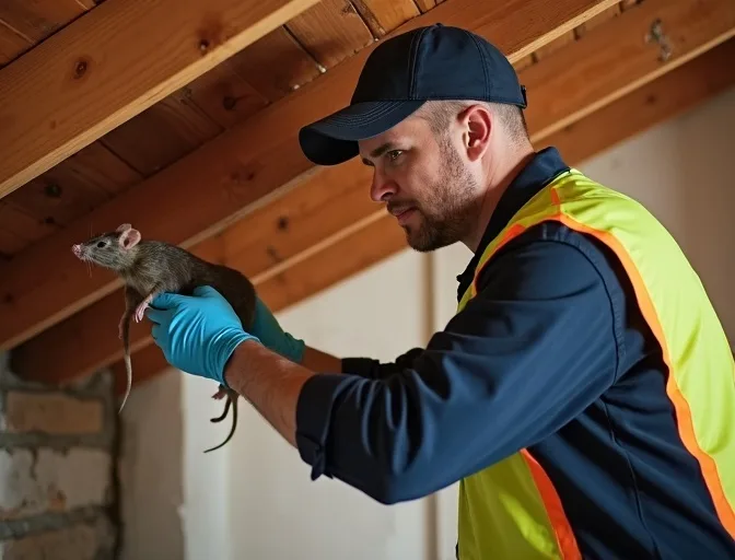 Technician inspecting a roof cavity for a dead rat in Wandong